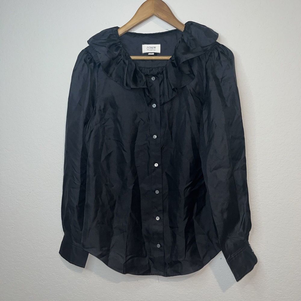 J.Crew Collection 100% Silk Black Ruffle Blouse SMALL Career Quiet Luxury